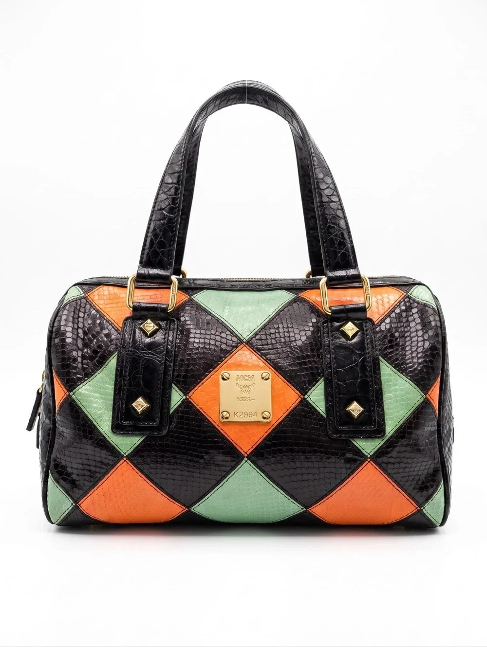 MCM Diamond Pattern Multicolor Croc Embossed Patent and Snakeskin Boston Bag